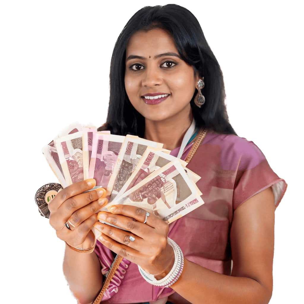 Paisavasool Image of an Assamese lady holding Indian rupee notes
